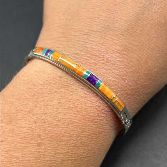 VTG Ivan Kee Gemstone Inlay Engraved Sterling Silver Cuff Bracelet - Picture 1 of 8